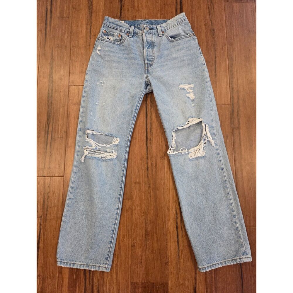 Levis Premium 501 90s Womens Jeans W26 L30 Totally Ok Distressed Light Wash